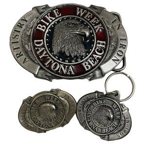 Daytona Bike Week Pewter 90s 1990 Belt Buckle Key Ring Pin 3D Red Artistry In 3D
